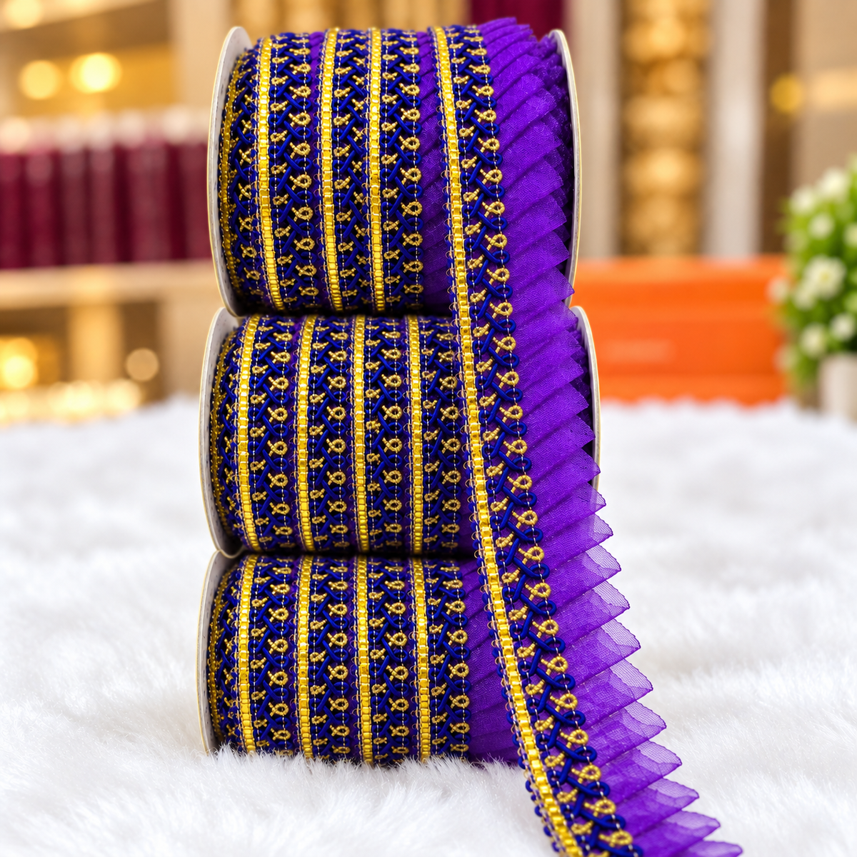 Violet Purple Frill Lace Border with Royal Blue & Gold Detailing for Saree, Blouse & Dupatta – Pack of 3 Rolls