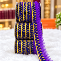 Violet Purple Frill Lace Border with Royal Blue & Gold Detailing for Saree, Blouse & Dupatta – Pack of 3 Rolls