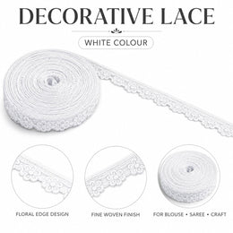 White Decorative Floral Lace 18 Meter Roll for Blouse, Saree, Kurti & Craft