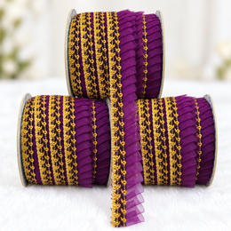 Purple & Gold Pleated Frill Lace Border for Saree, Blouse & Dupatta – Pack of 3 Rolls