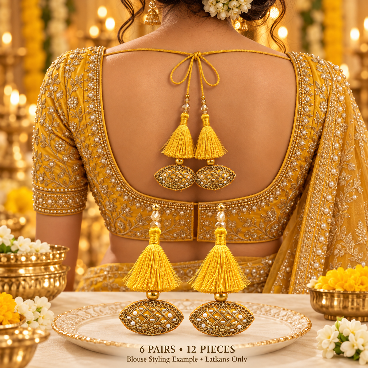 Yellow & Gold Decorative Tassel Latkan for Blouse & Lehenga – Pack of 12 Pieces, 6 Pairs