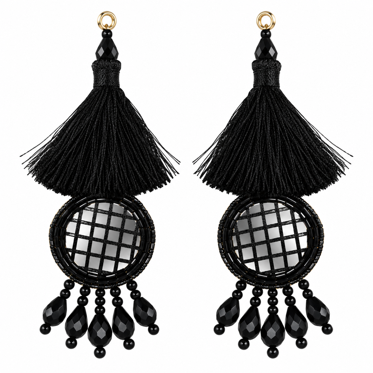 Jet Black Thread Tassel Mirror Latkan with Hanging Beads for Blouse & Lehenga – 6 Pairs (12 Pieces)