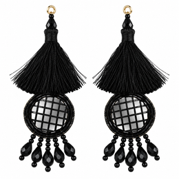 Jet Black Thread Tassel Mirror Latkan with Hanging Beads for Blouse & Lehenga – 6 Pairs (12 Pieces)