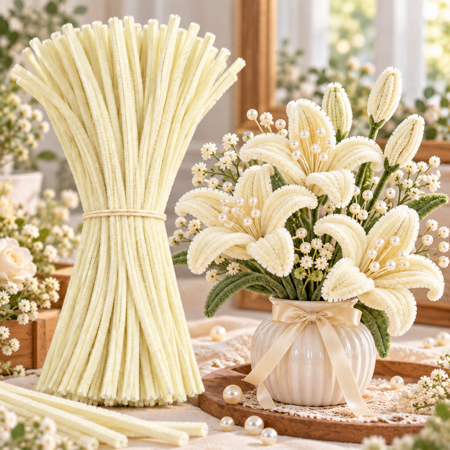 Cream Chenille Stems Pipe Cleaners for Craft & Flower Making – 100 Pieces per Packet