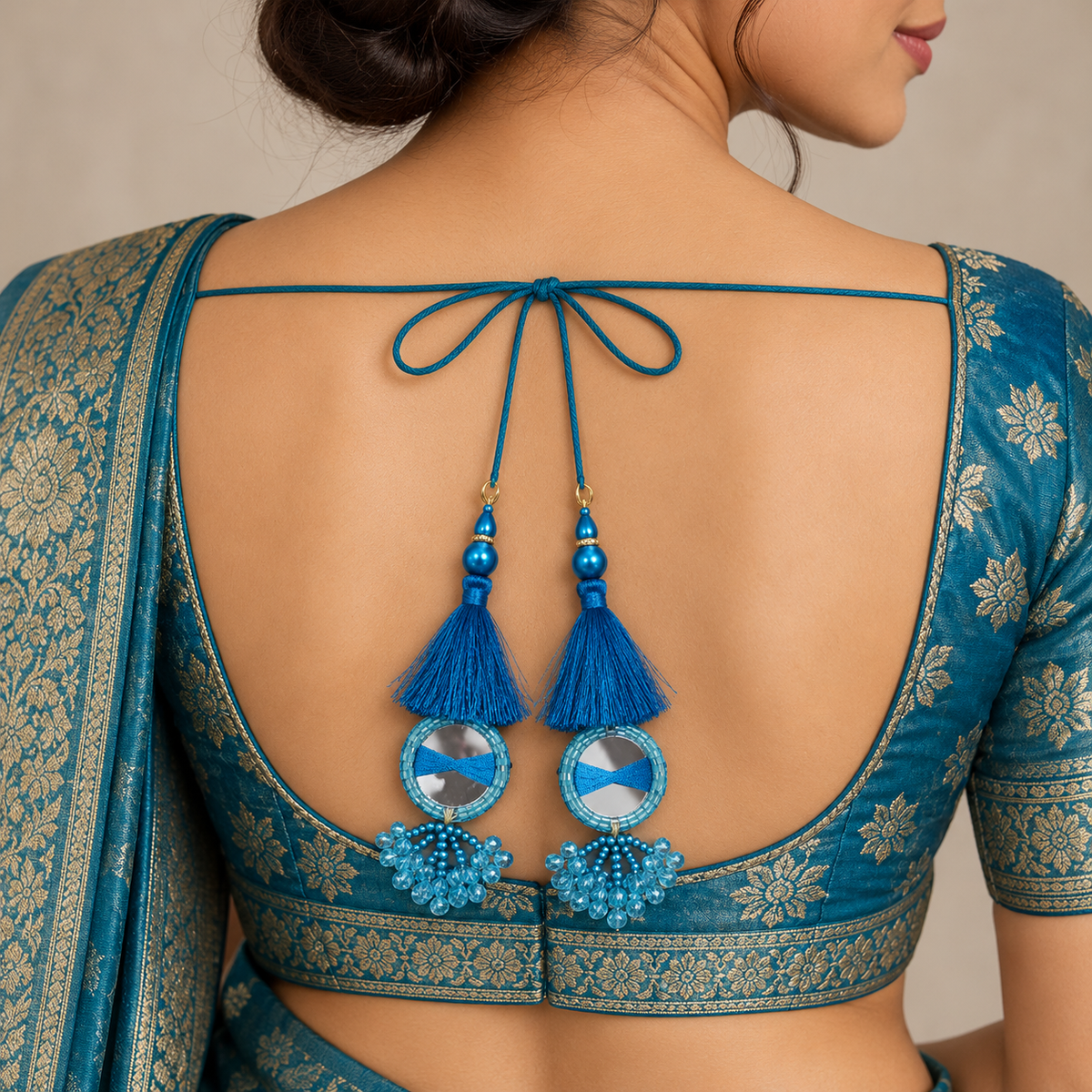 Turquoise Blue Mirror Latkan with Thread Tassels & Hanging Beads for Blouse and Lehenga – 6 Pairs (12 Pieces)