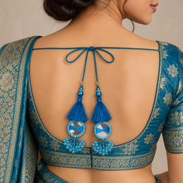 Turquoise Blue Mirror Latkan with Thread Tassels & Hanging Beads for Blouse and Lehenga – 6 Pairs (12 Pieces)