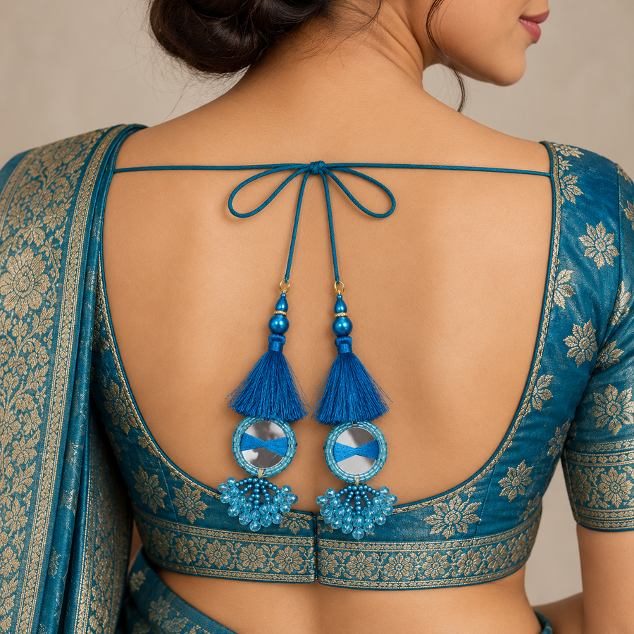 Turquoise Blue Mirror Latkan with Thread Tassels & Hanging Beads for Blouse and Lehenga – 6 Pairs (12 Pieces)