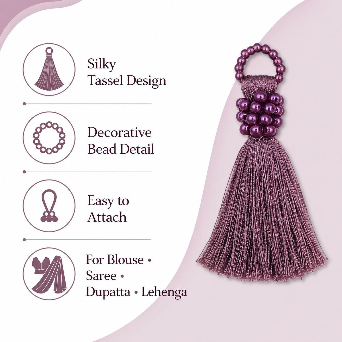 Premium Dusty Mauve Silk Thread Tassel Latkan with Decorative Beads for Blouse, Saree, Lehenga & Dupatta – Designer Hanging Tassels