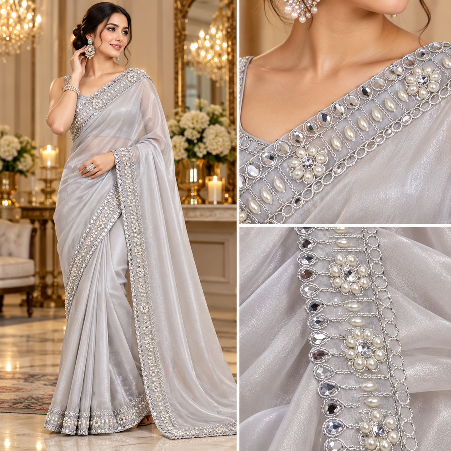 Premium Silver Pearl & Stone Work Floral Net Lace Border for Saree, Blouse, Dupatta & Lehenga