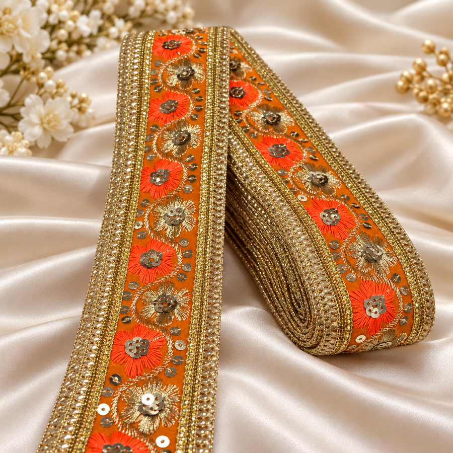 Premium Orange & Gold Floral Embroidery Lace Border with Golden Sequin Work for Saree, Lehenga, Blouse, Dupatta & Bridal Wear – 9 Meter