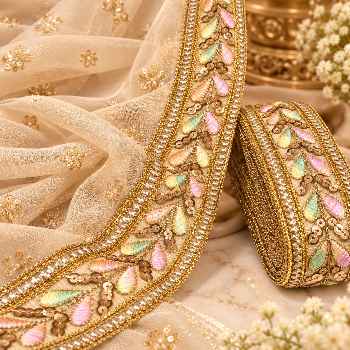 Premium Multicolour Floral Embroidered Golden Sequin Lace Border for Saree, Blouse, Dupatta, Lehenga & Kurti – 9 Meter