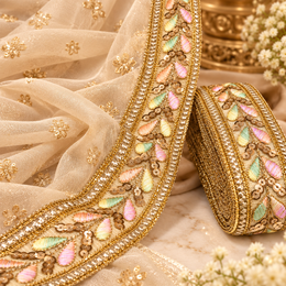 Premium Multicolour Floral Embroidered Golden Sequin Lace Border for Saree, Blouse, Dupatta, Lehenga & Kurti – 9 Meter