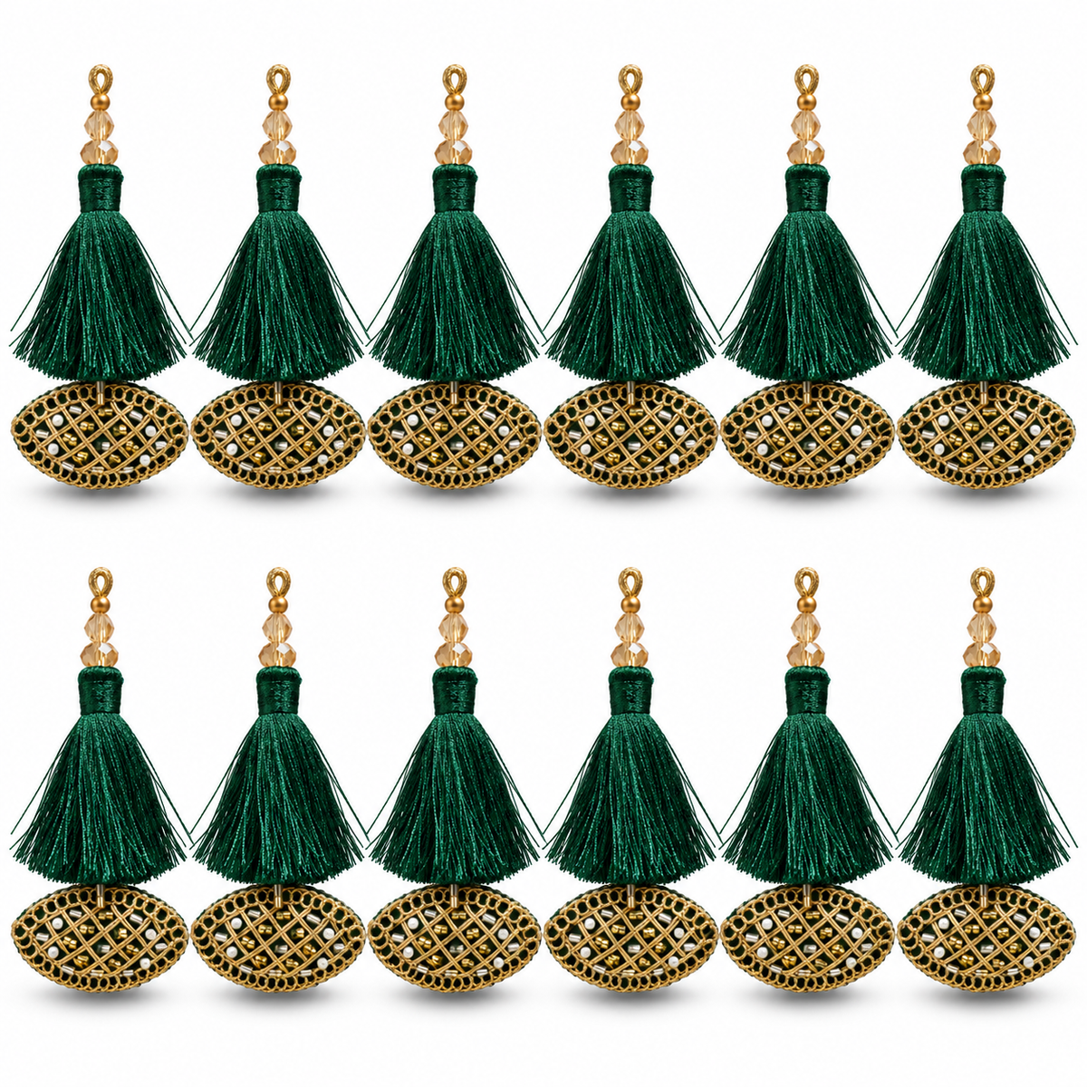 Bottle Green & Gold Decorative Tassel Latkan for Blouse & Lehenga – Pack of 12 Pieces, 6 Pairs