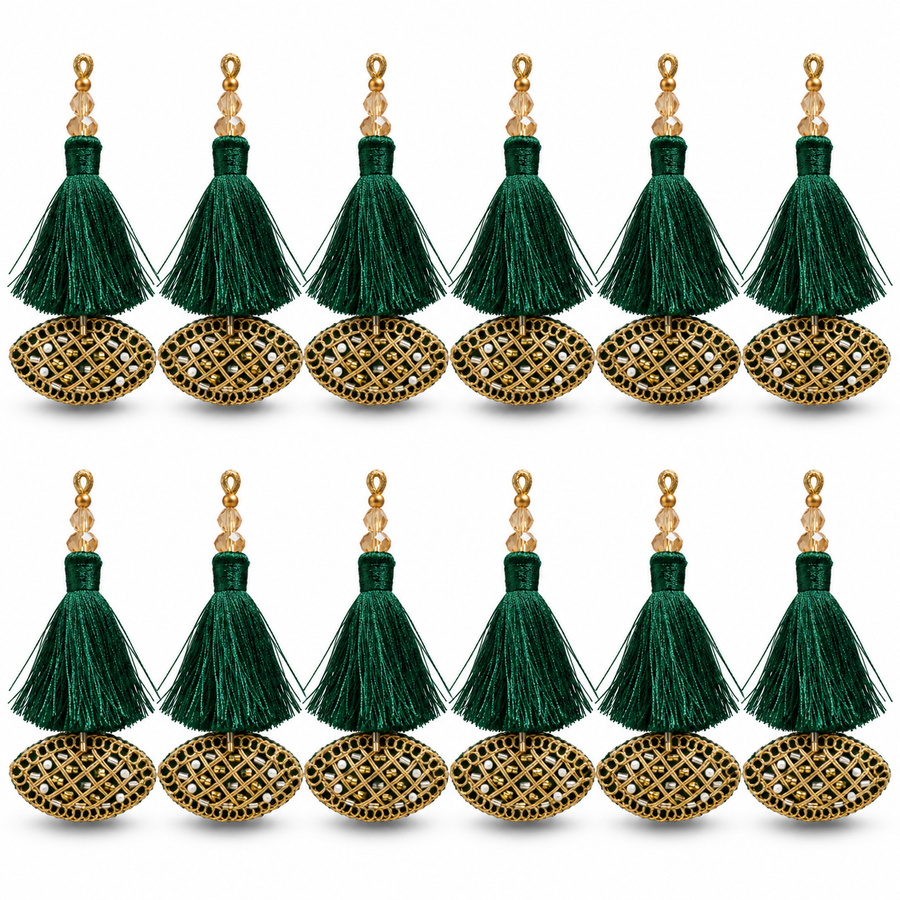 Bottle Green & Gold Decorative Tassel Latkan for Blouse & Lehenga – Pack of 12 Pieces, 6 Pairs