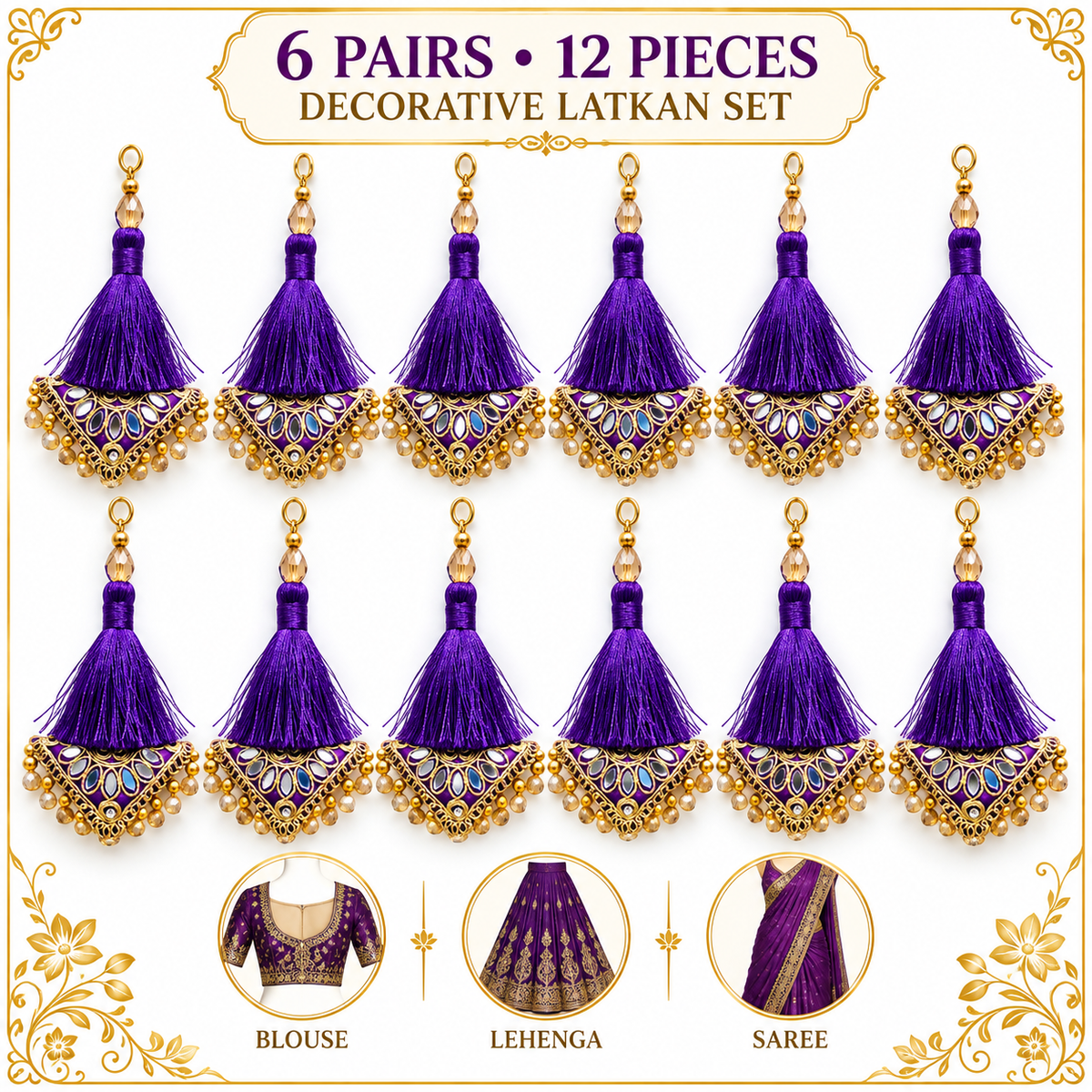 Royal Purple Decorative Tassel Latkan for Blouse, Lehenga & Saree – Pack of 12 Pieces (6 Pairs)
