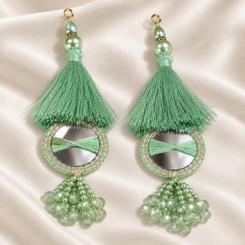 Pista Green Mirror Work Designer Latkan for Blouse & Lehenga Dori | Mint Green Silk Thread Tassel with Round Mirror, Pearl & Crystal Bead Hanging | Pack of 12 Pieces (6 Pairs)