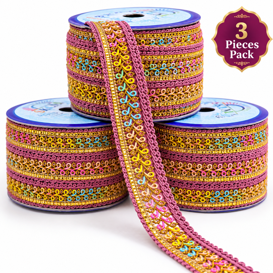 Premium Multicolor Golden Embroidered Decorative Lace Trim for Saree, Blouse, Dupatta, Lehenga & Kurti Border – Pink Multicolor Pack of 3 Rolls