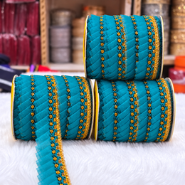 Turquoise Blue & Gold Pleated Frill Lace Border for Saree, Blouse & Dupatta – Pack of 3 Rolls