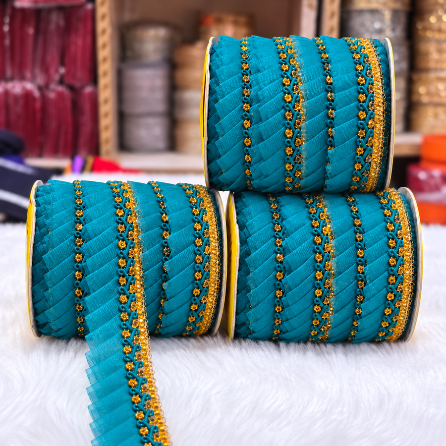 Turquoise Blue & Gold Pleated Frill Lace Border for Saree, Blouse & Dupatta – Pack of 3 Rolls