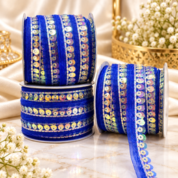Royal Blue Sequin & Bead Work Decorative Lace Border for Saree, Blouse & Dupatta – Pack of 3 Rolls, 9 Meters Each