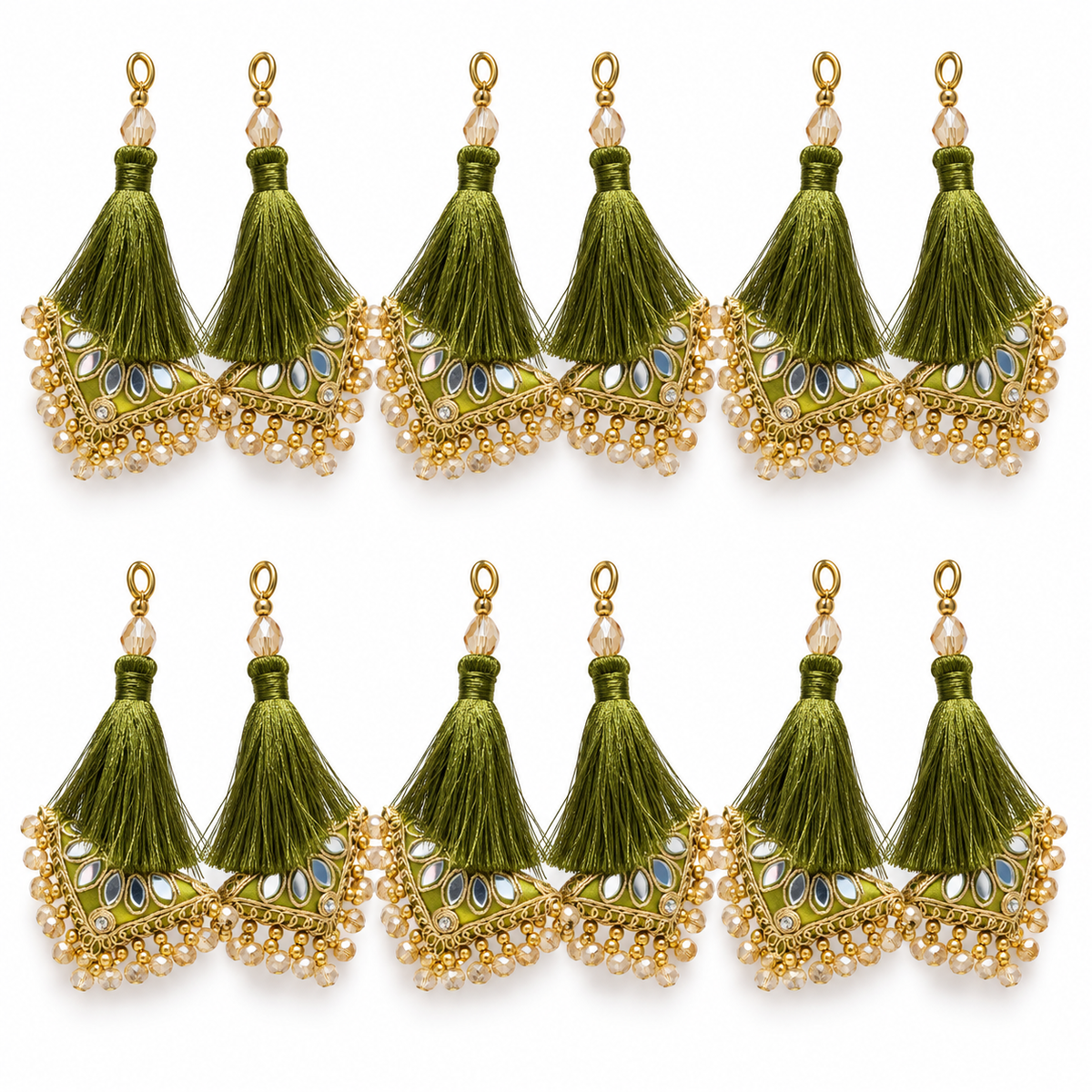 Mehndi Green Decorative Tassel Latkan for Blouse, Lehenga & Saree – Pack of 12 Pieces (6 Pairs)