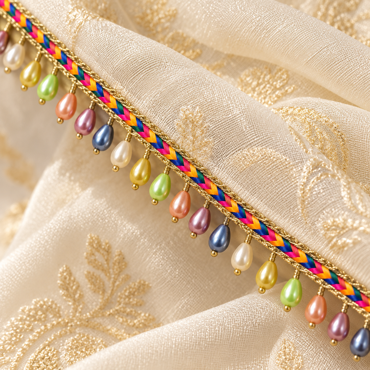 Multicolour Pearl Drop Hanging Lace Border – 9 Meter | Rainbow Braided Designer Moti Latkan Lace for Saree, Blouse, Dupatta & Lehenga