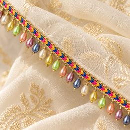 Multicolour Pearl Drop Hanging Lace Border – 9 Meter | Rainbow Braided Designer Moti Latkan Lace for Saree, Blouse, Dupatta & Lehenga