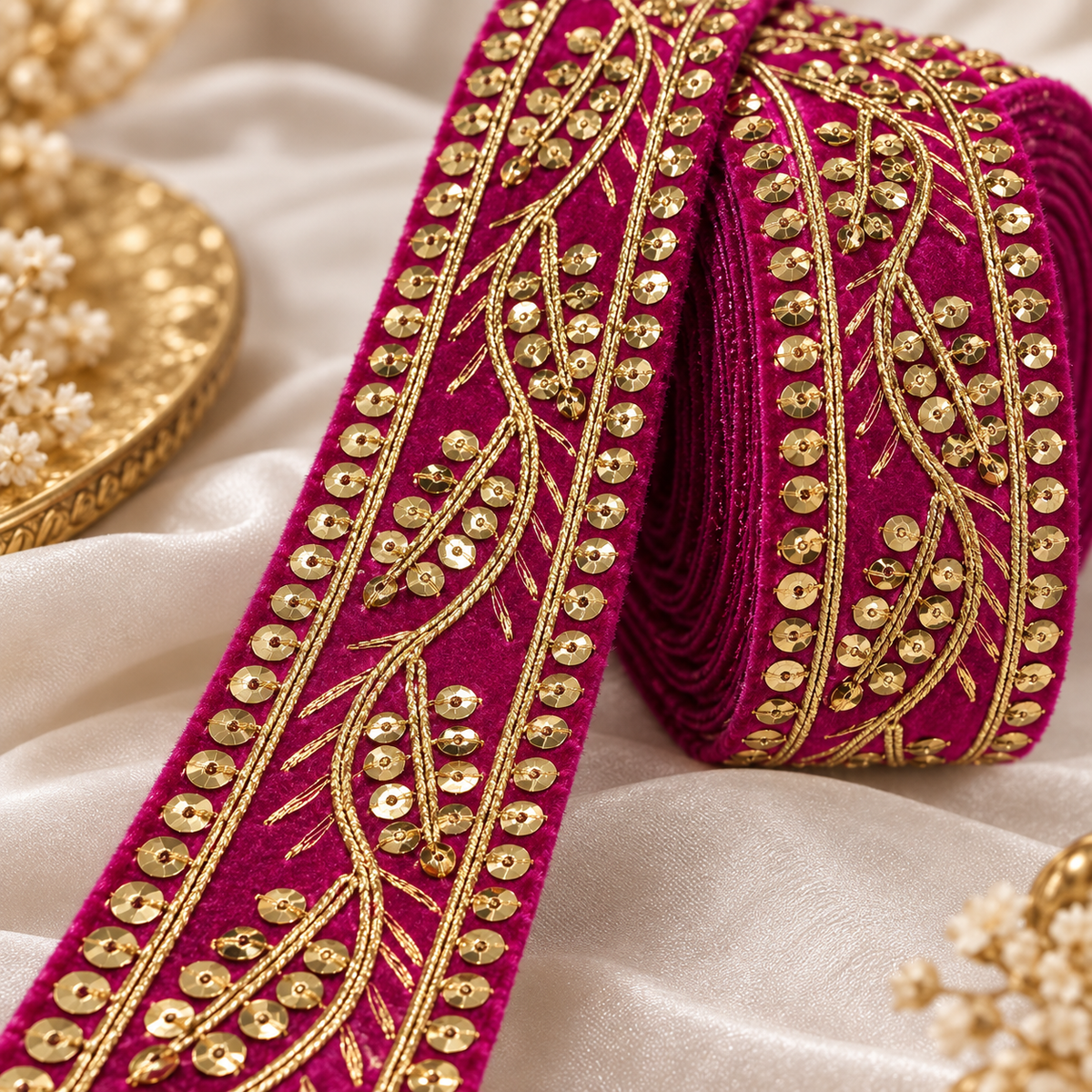 Premium Rani Pink Velvet Lace Border with Golden Sequin & Vine Embroidery Work for Saree, Blouse, Lehenga, Dupatta & Kurti