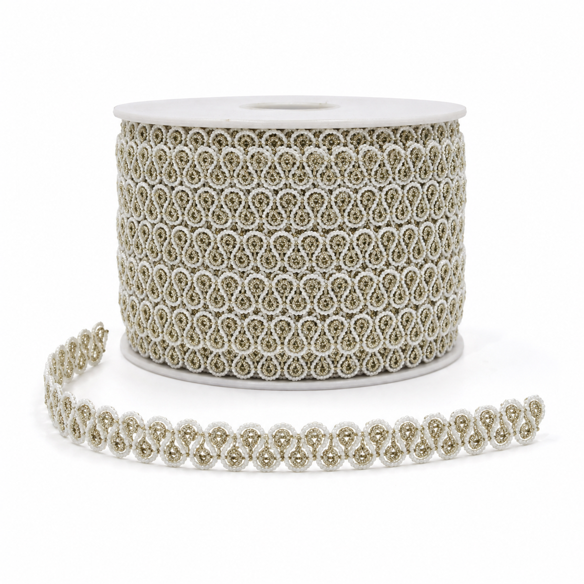 White & Gold Loop Design Decorative Lace Border for Saree, Blouse & Dupatta – 18 Meter Roll