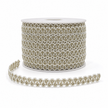 White & Gold Loop Design Decorative Lace Border for Saree, Blouse & Dupatta – 18 Meter Roll