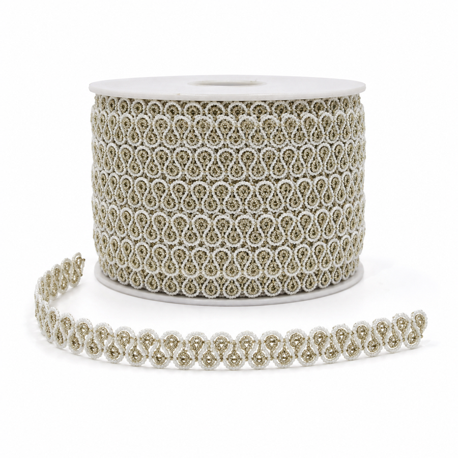 White & Gold Loop Design Decorative Lace Border for Saree, Blouse & Dupatta – 18 Meter Roll