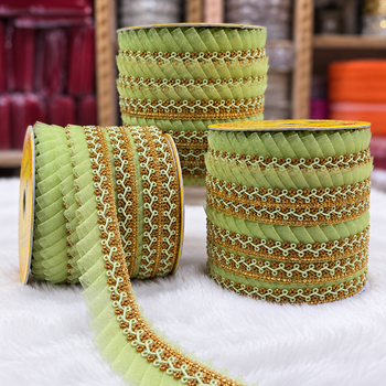 Pista Green & Gold Pleated Frill Lace Border for Saree, Blouse & Dupatta – Pack of 3 Rolls