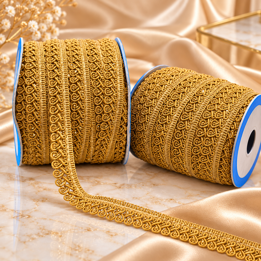 Golden Designer Loop Lace Border 18 Meter | Decorative Embroidered Lace Trim for Saree, Blouse, Kurti, Dupatta, Lehenga & Ethnic Wear