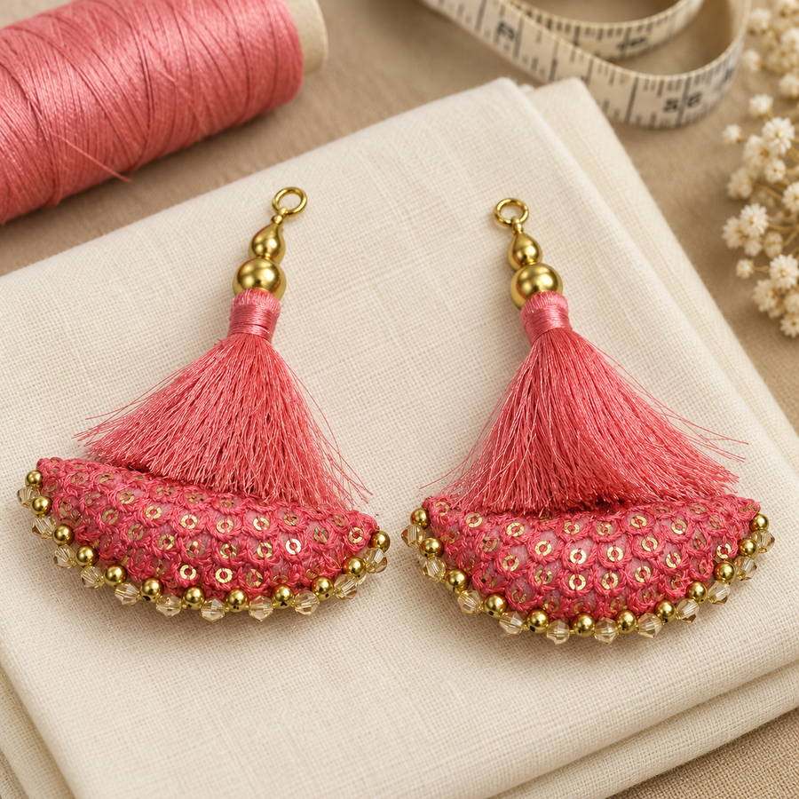 Designer Coral Pink Blouse & Lehenga Latkan with Golden Beads and Sequin Work – Pack of 12 Pieces (6 Pairs)