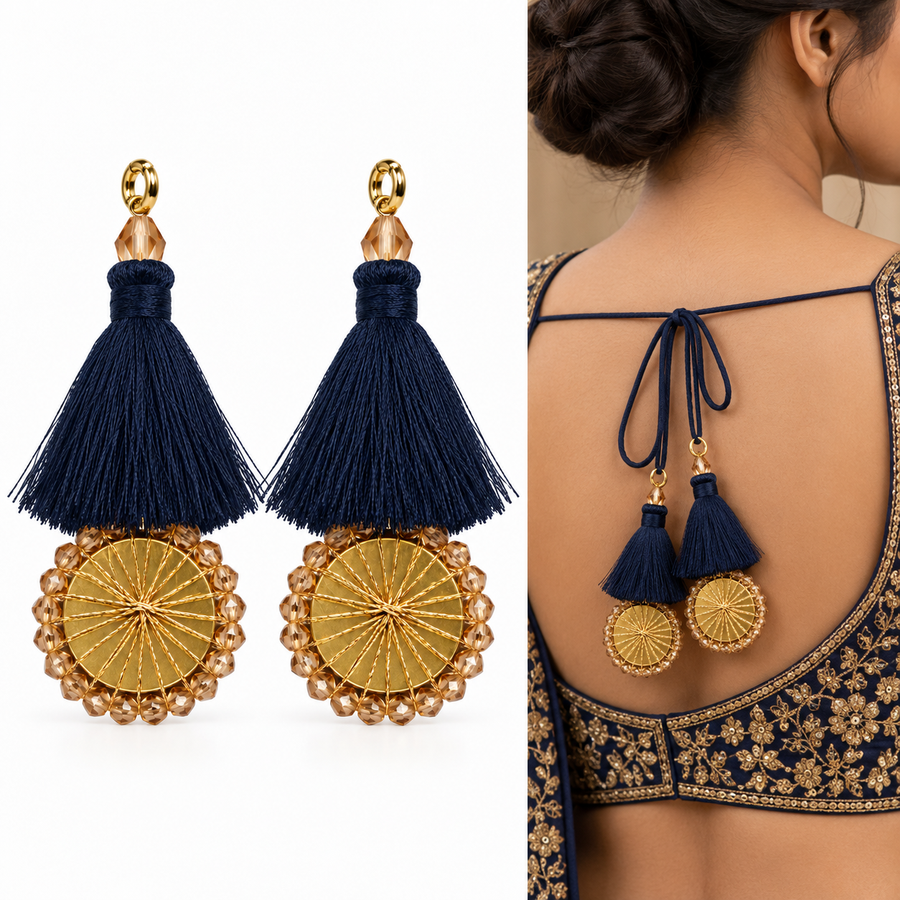 Navy Blue Thread Tassel Latkan with Golden Round Beaded Design for Blouse & Lehenga – 6 Pairs (12 Pieces)