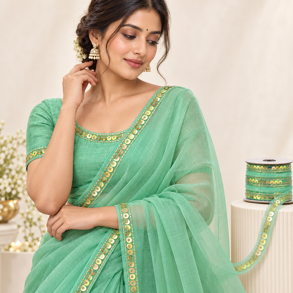 Mint Green Golden Sequin Saree Border Lace for Blouse, Dupatta and Dress