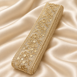Premium Golden Floral Embroidered Sequin Lace Border for Saree, Blouse, Dupatta, Lehenga & Kurti – Designer Flower Lace Trim