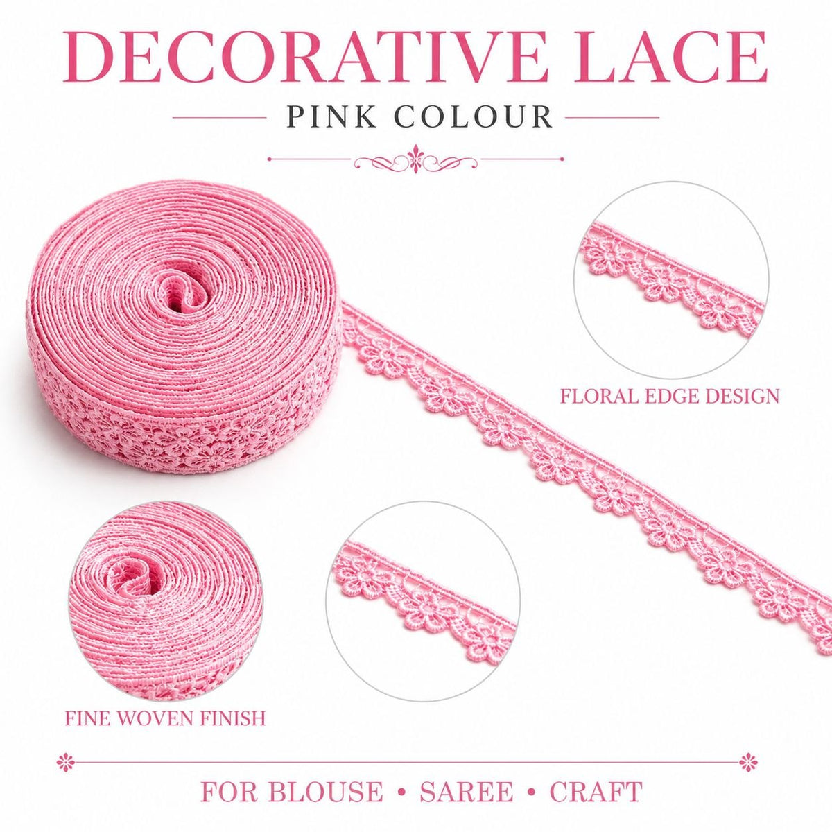 Pink Floral Decorative Lace Border 18 Meter Roll for Blouse, Saree, Kurti, Dupatta, Dress & Craft
