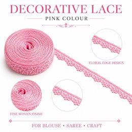 Pink Floral Decorative Lace Border 18 Meter Roll for Blouse, Saree, Kurti, Dupatta, Dress & Craft