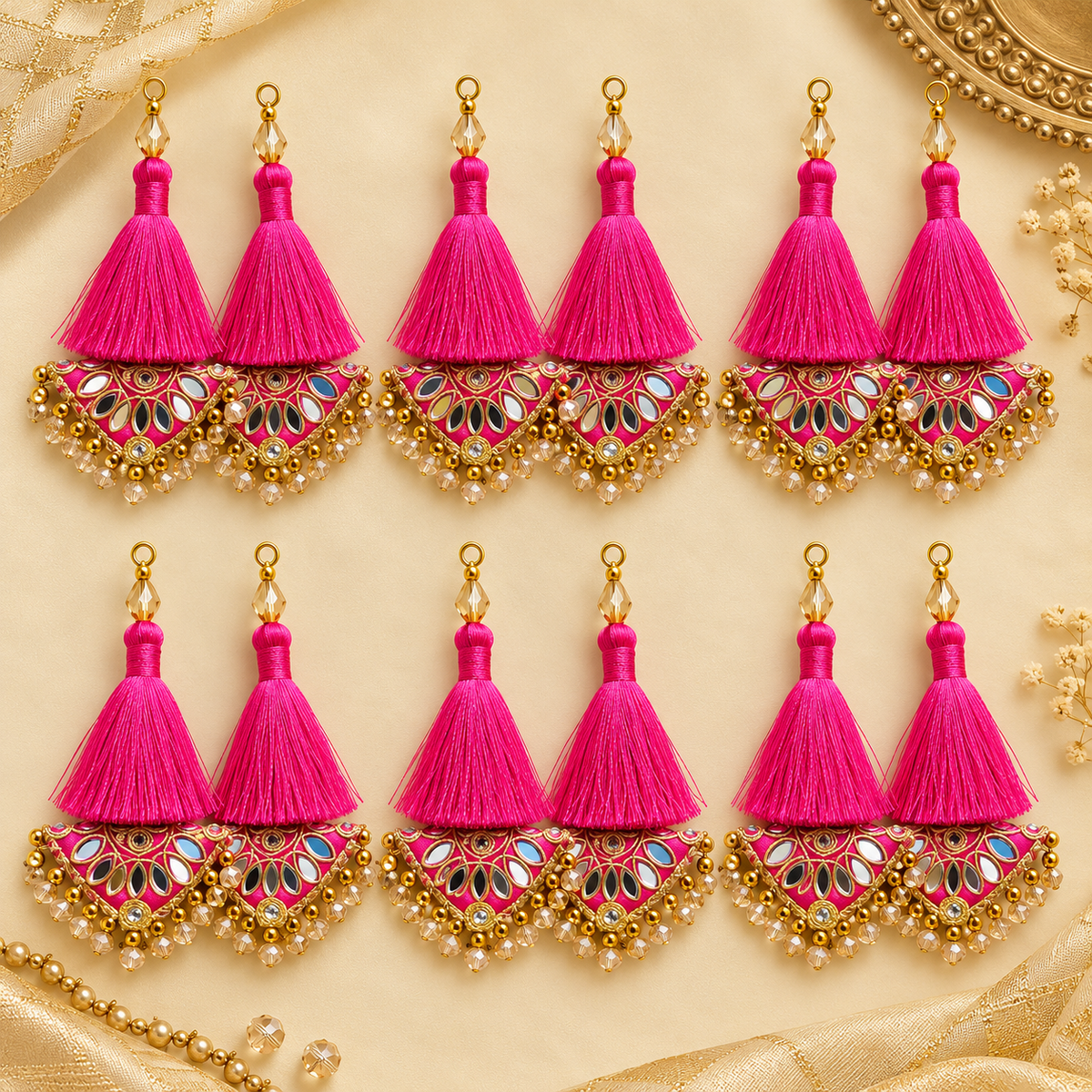 Rani Pink Decorative Tassel Latkan for Blouse, Lehenga & Saree – Pack of 12 Pieces (6 Pairs)