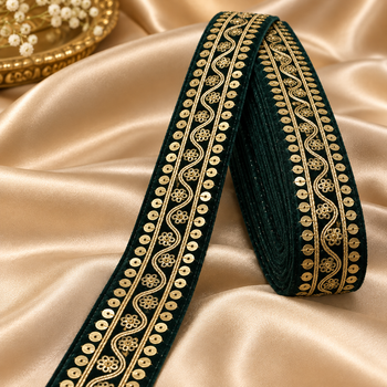 Premium Dark Green Velvet Look Golden Zari Embroidered Sequin Lace Border for Saree, Blouse, Dupatta, Lehenga & Kurti – Fancy Floral Designer Lace