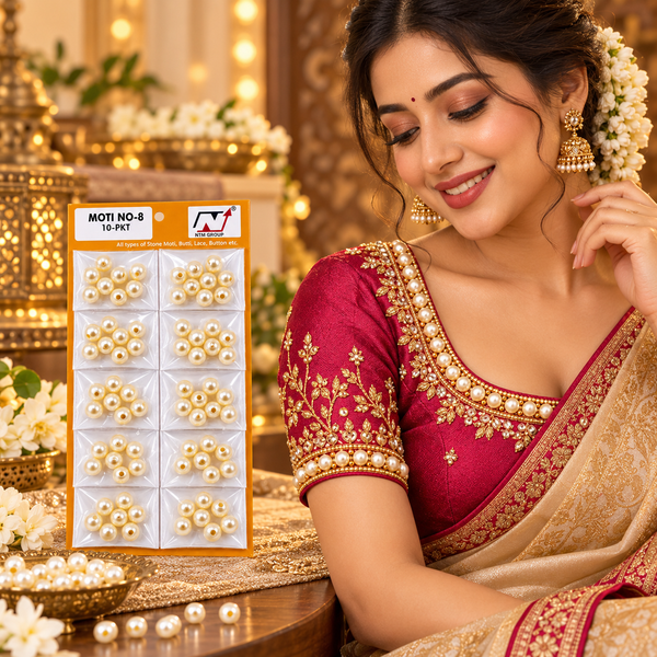 White Pearl Moti No. 8 for Blouse, Saree, Lehenga & Craft Work – Pack of 10 Packets