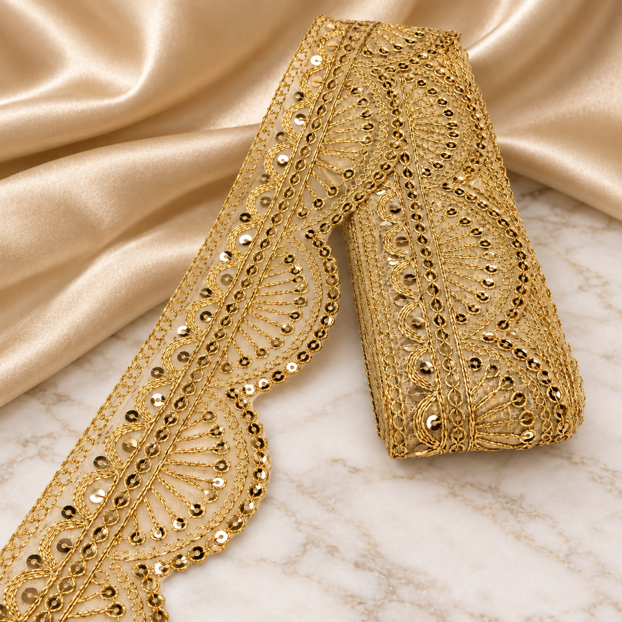 Premium Golden Scalloped Fan Design Zari Embroidered Sequin Lace Border for Saree, Blouse, Dupatta, Lehenga & Kurti – 9 Meter