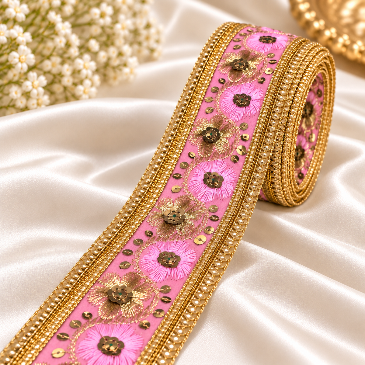 Premium Pink & Gold Floral Embroidery Lace Border with Golden Sequin Work for Saree, Lehenga, Blouse, Dupatta & Bridal Wear – 9 Meter