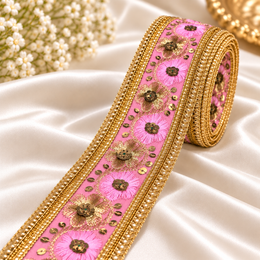 Premium Pink & Gold Floral Embroidery Lace Border with Golden Sequin Work for Saree, Lehenga, Blouse, Dupatta & Bridal Wear – 9 Meter