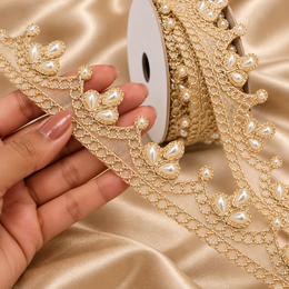 Champagne Gold Pearl Work Scalloped Net Lace Border for Saree, Blouse, Dupatta & Lehenga – 9 Meter Roll