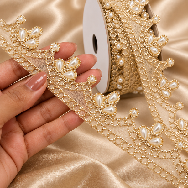 Champagne Gold Pearl Work Scalloped Net Lace Border for Saree, Blouse, Dupatta & Lehenga – 9 Meter Roll