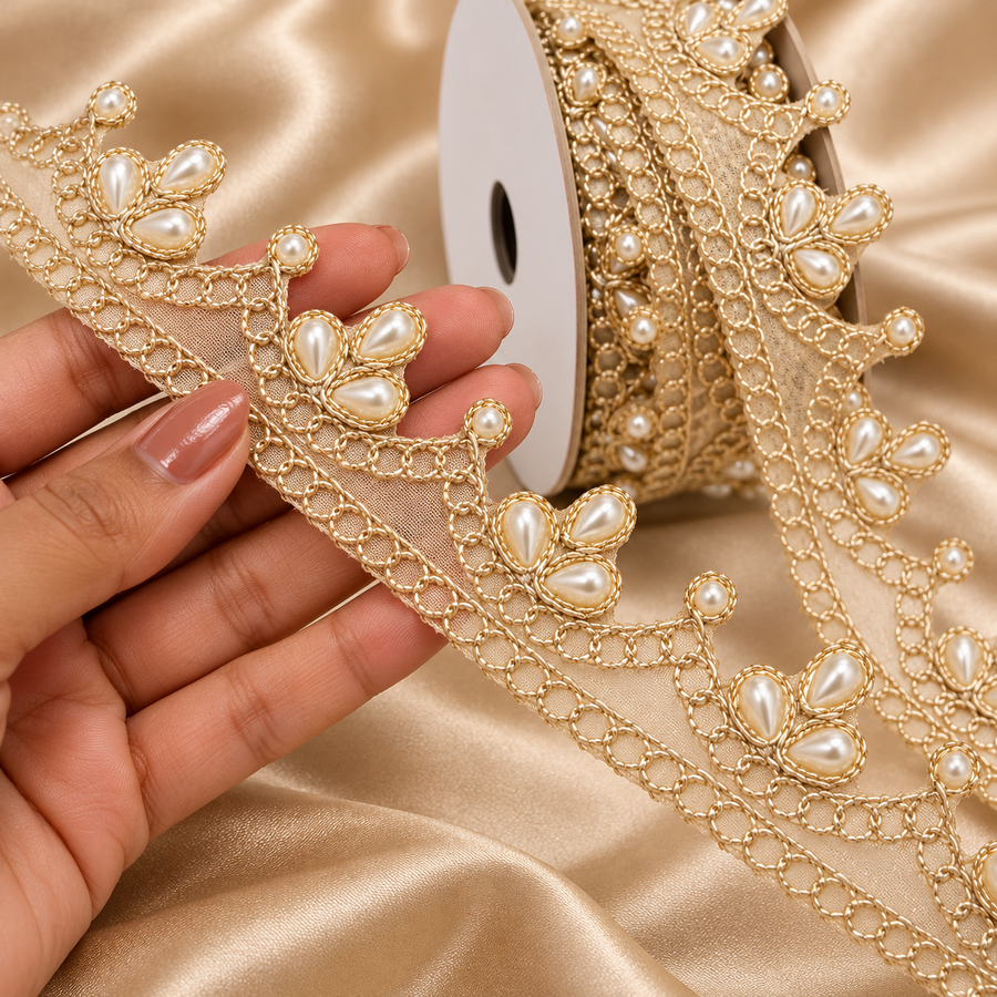 Champagne Gold Pearl Work Scalloped Net Lace Border for Saree, Blouse, Dupatta & Lehenga – 9 Meter Roll