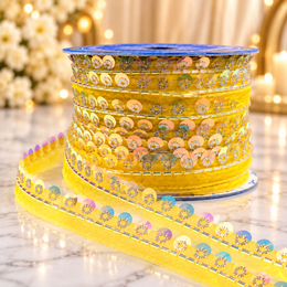 Yellow Sequin & Bead Work Decorative Lace Border for Saree, Blouse & Dupatta – Pack of 3 Rolls, 9 Meters Each