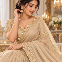 Champagne Gold Pearl Work Scalloped Net Lace Border for Saree, Blouse, Dupatta & Lehenga – 9 Meter Roll